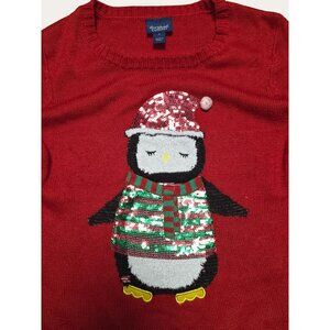 Red Christmas Sweater With Sequined Penguin Design Hat & Scarf
